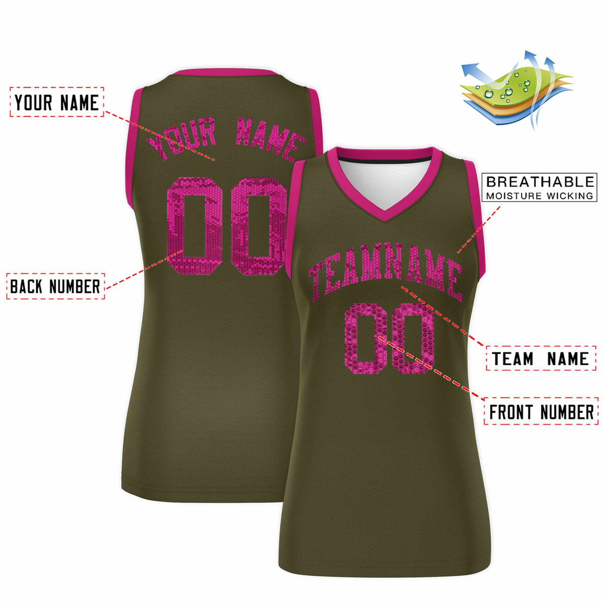 Custom Olive Pink Women Netball Sequined Dress