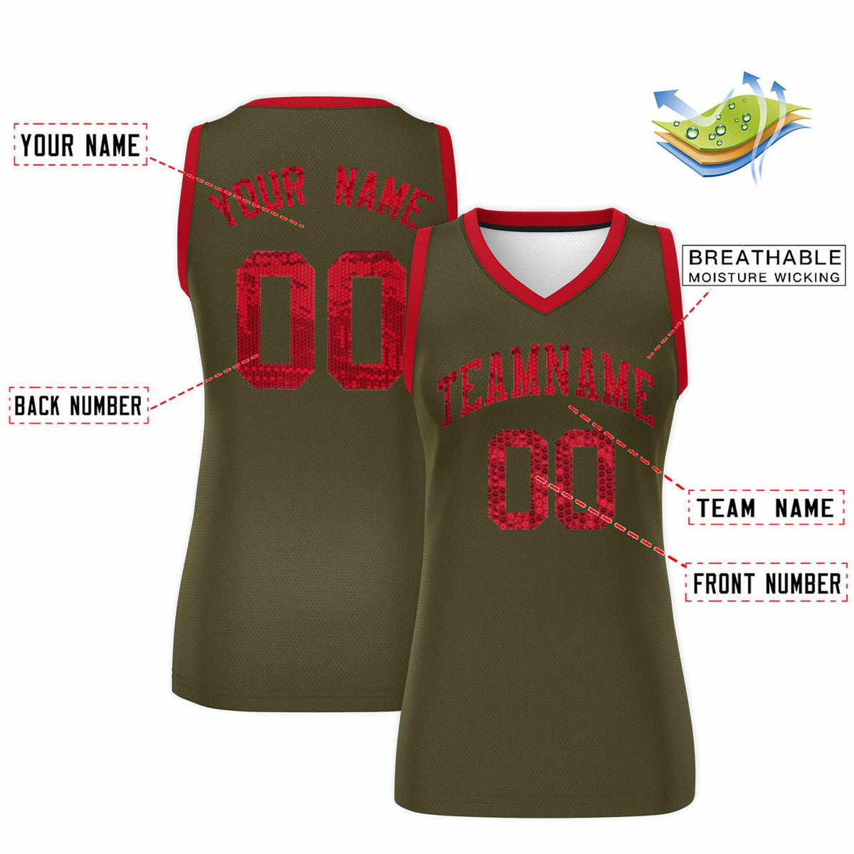 Custom Olive Red Women Netball Sequined Dress