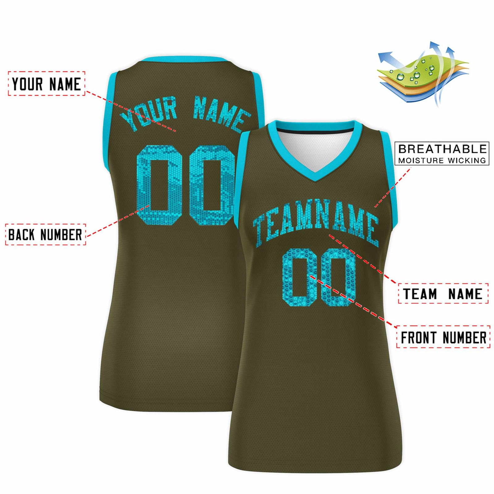 Custom Olive Sky Blue Women Netball Sequined Dress