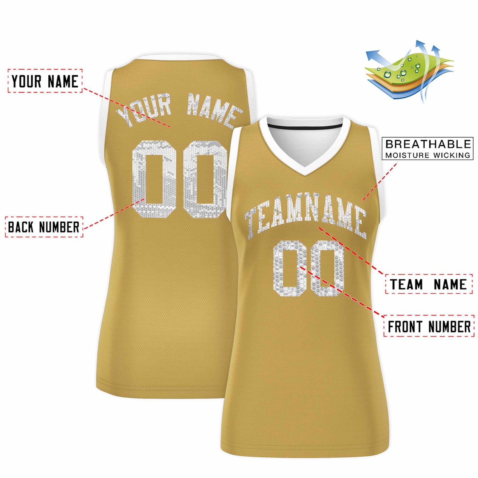 Custom Old Gold White Women Netball Sequined Dress