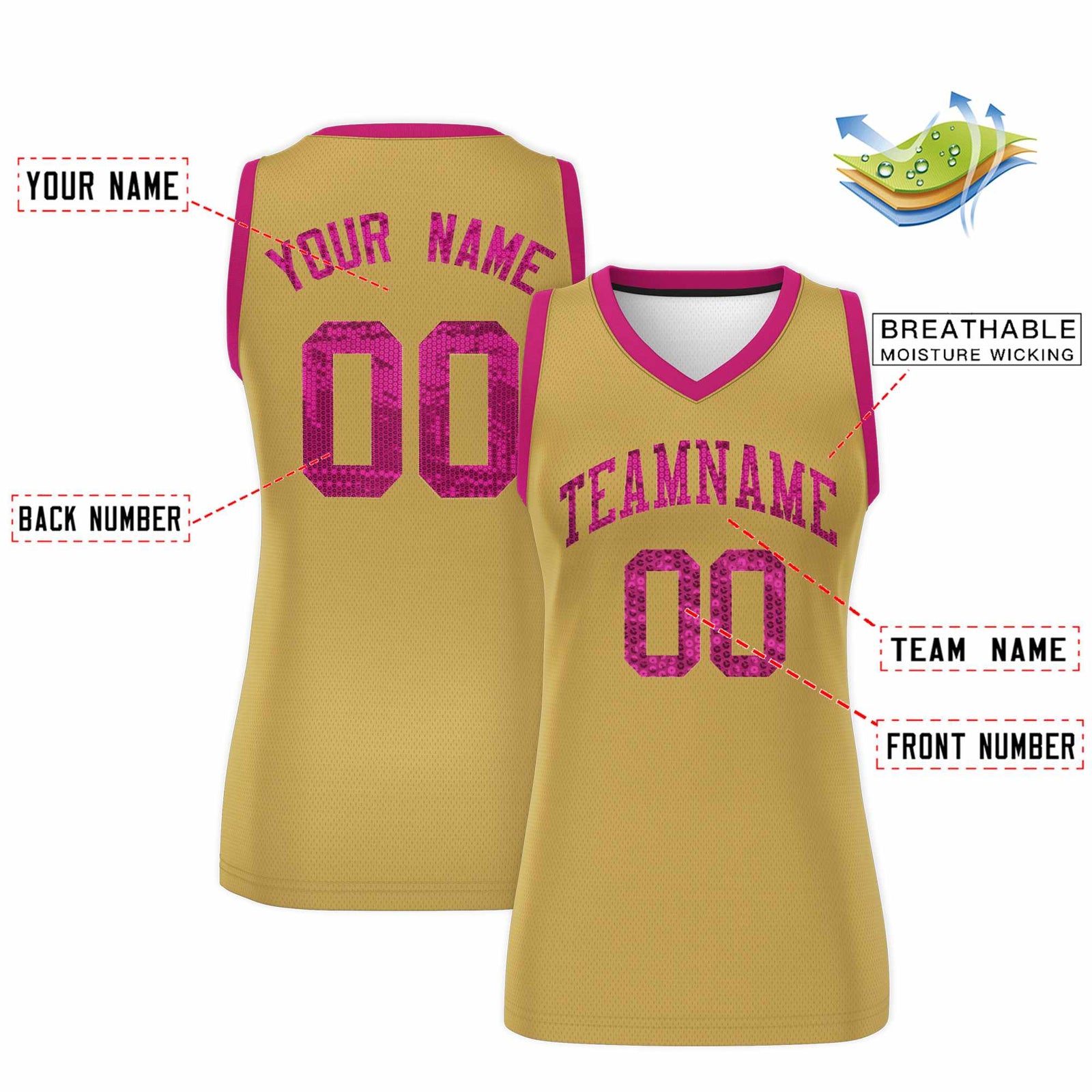Custom Old Gold Pink Women Netball Sequined Dress