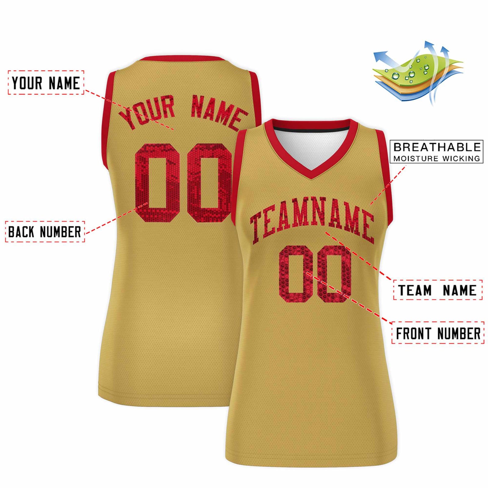 Custom Old Gold Red Women Netball Sequined Dress