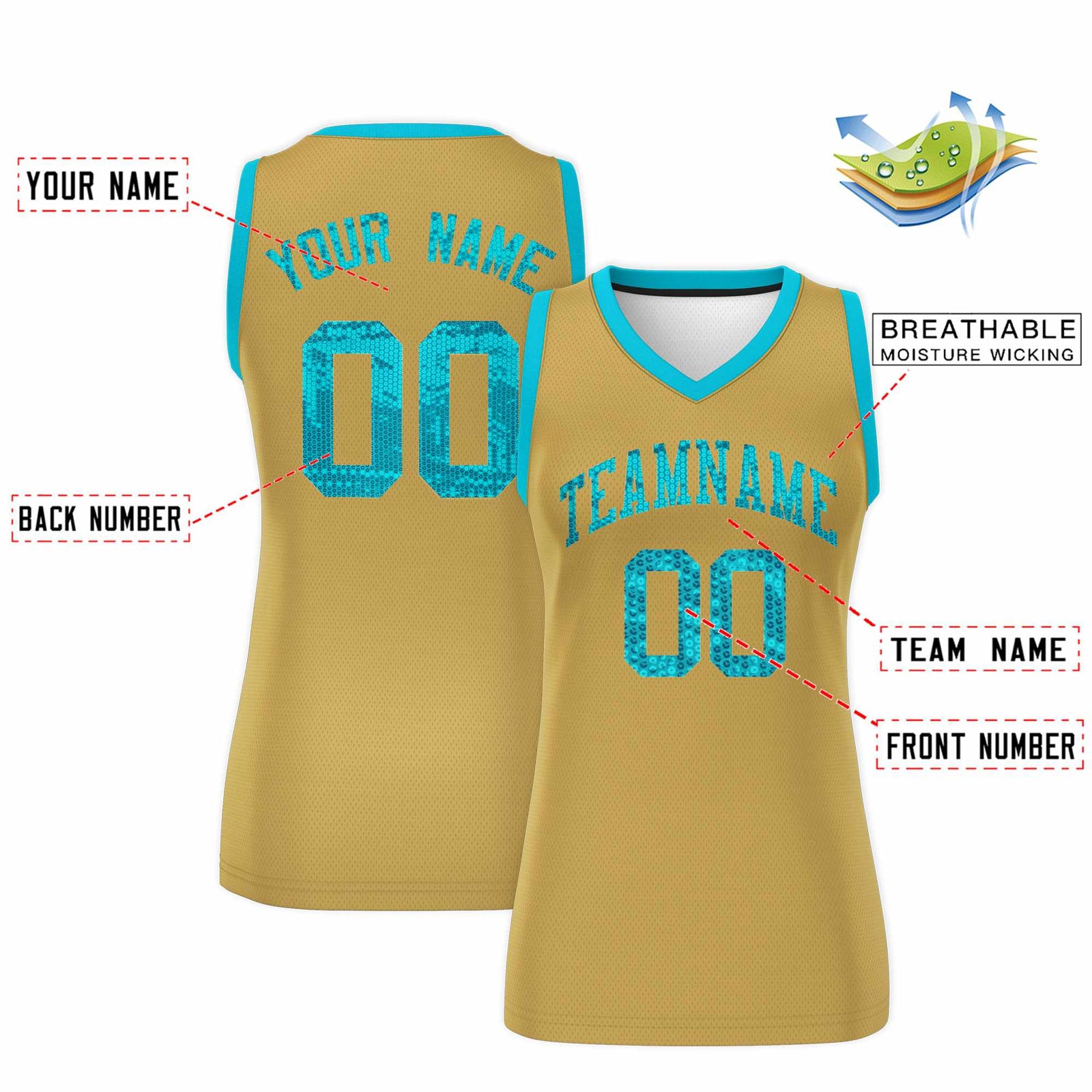 Custom Old Gold Sky Blue Women Netball Sequined Dress
