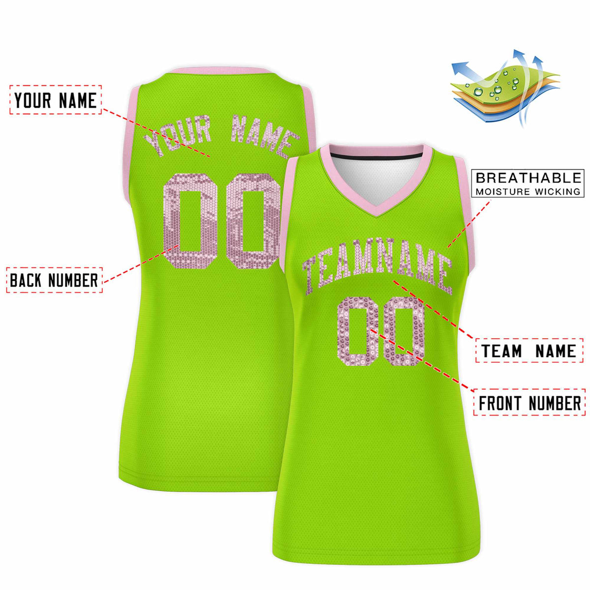 Custom Neon Green Light Pink Women Netball Sequined Dress