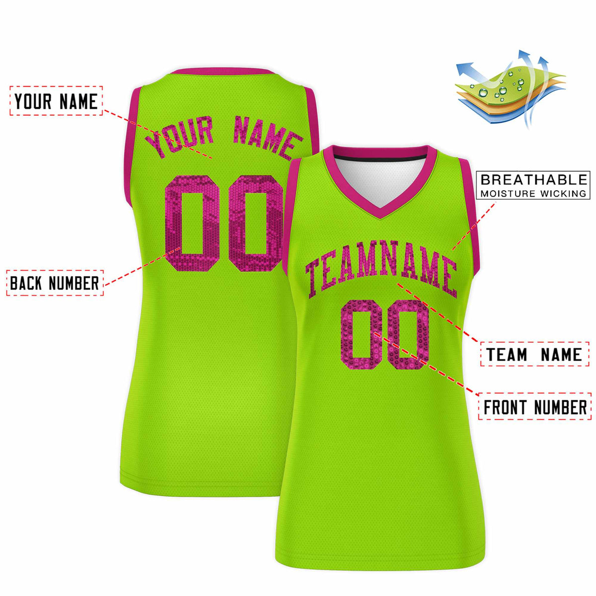 Custom Neon Green Pink Women Netball Sequined Dress