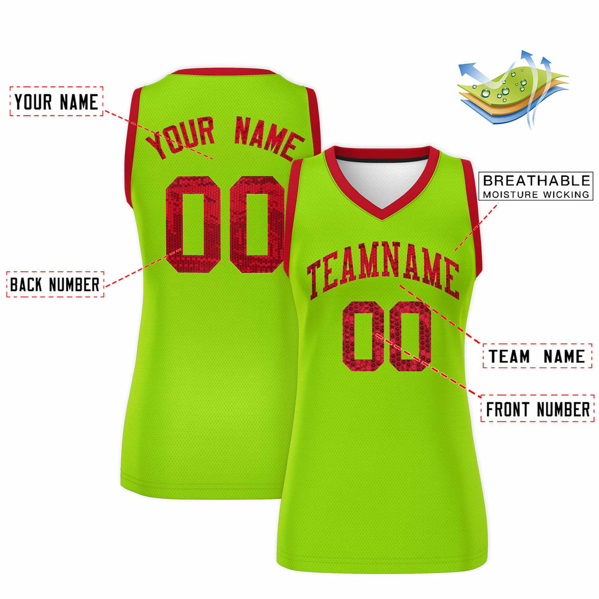 Custom Neon Green Red Women Netball Sequined Dress