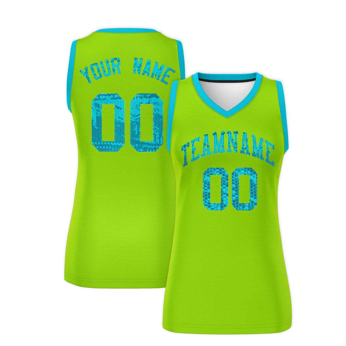 Custom Neon Green Sky Blue Women Netball Sequined Dress