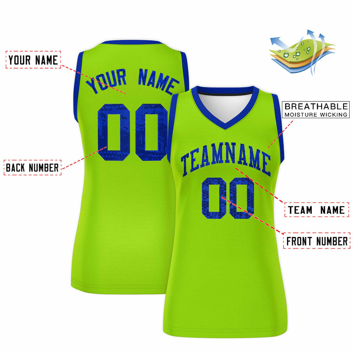 Custom Neon Green Royal Women Netball Sequined Dress