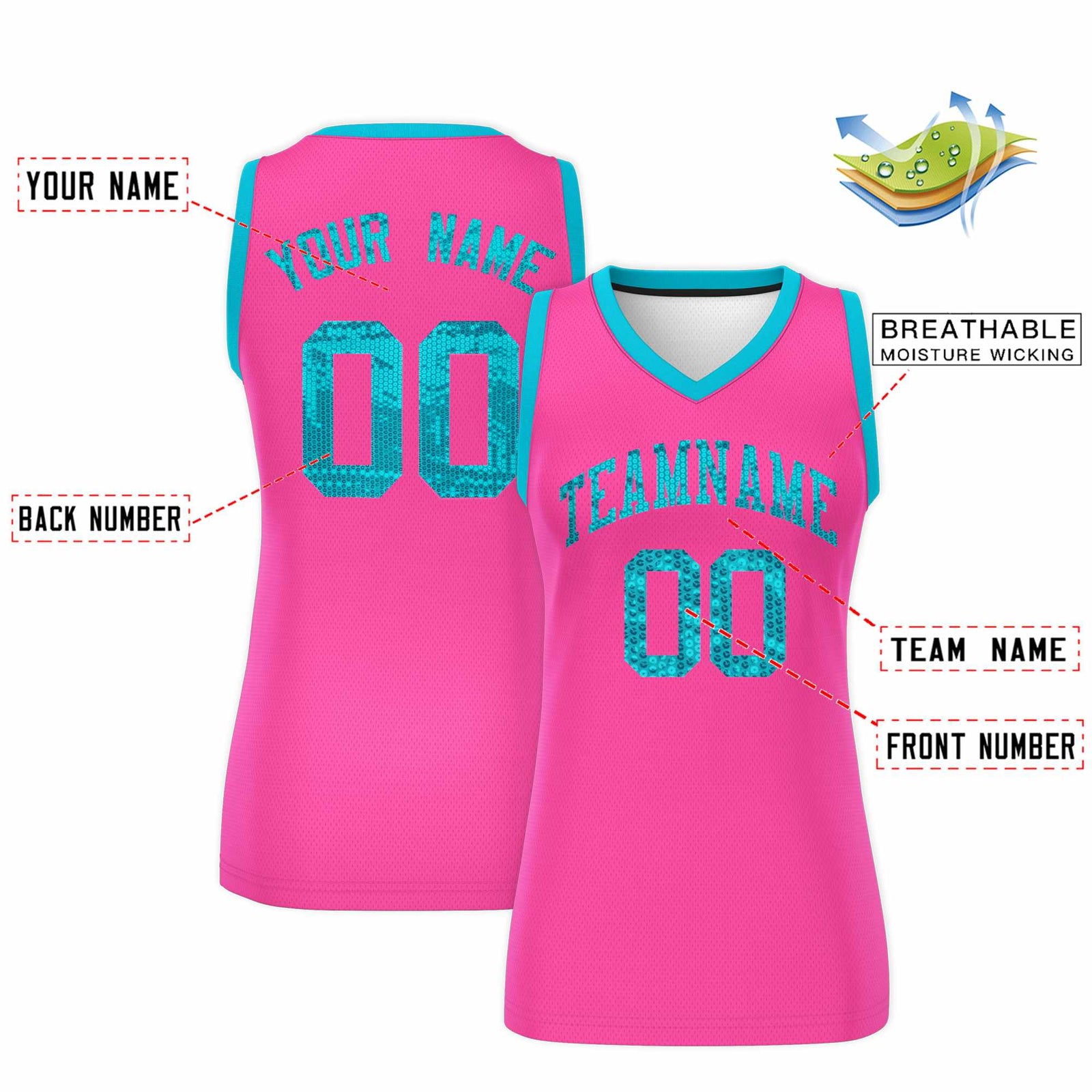 Custom Pink Sky Blue Women Netball Sequined Dress