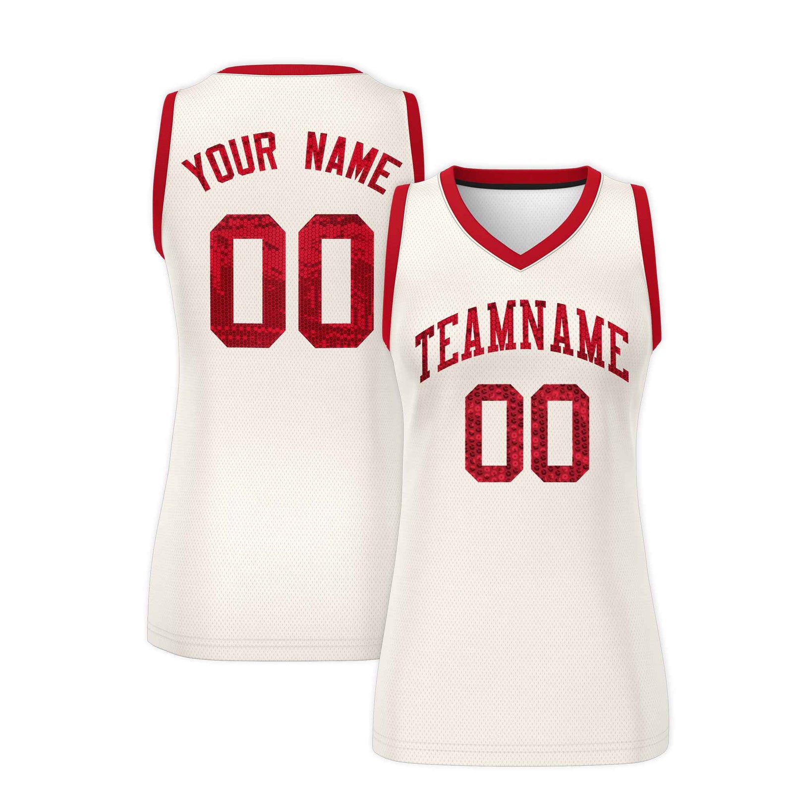 Custom Cream Red Women Netball Sequined Dress
