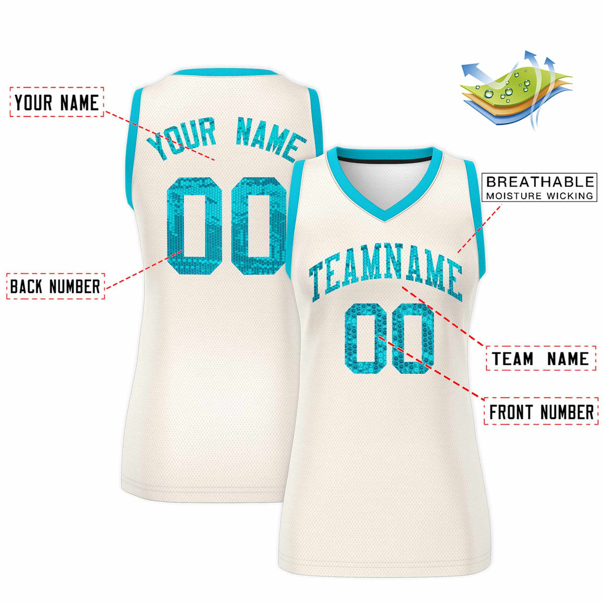 Custom Cream Sky Blue Women Netball Sequined Dress