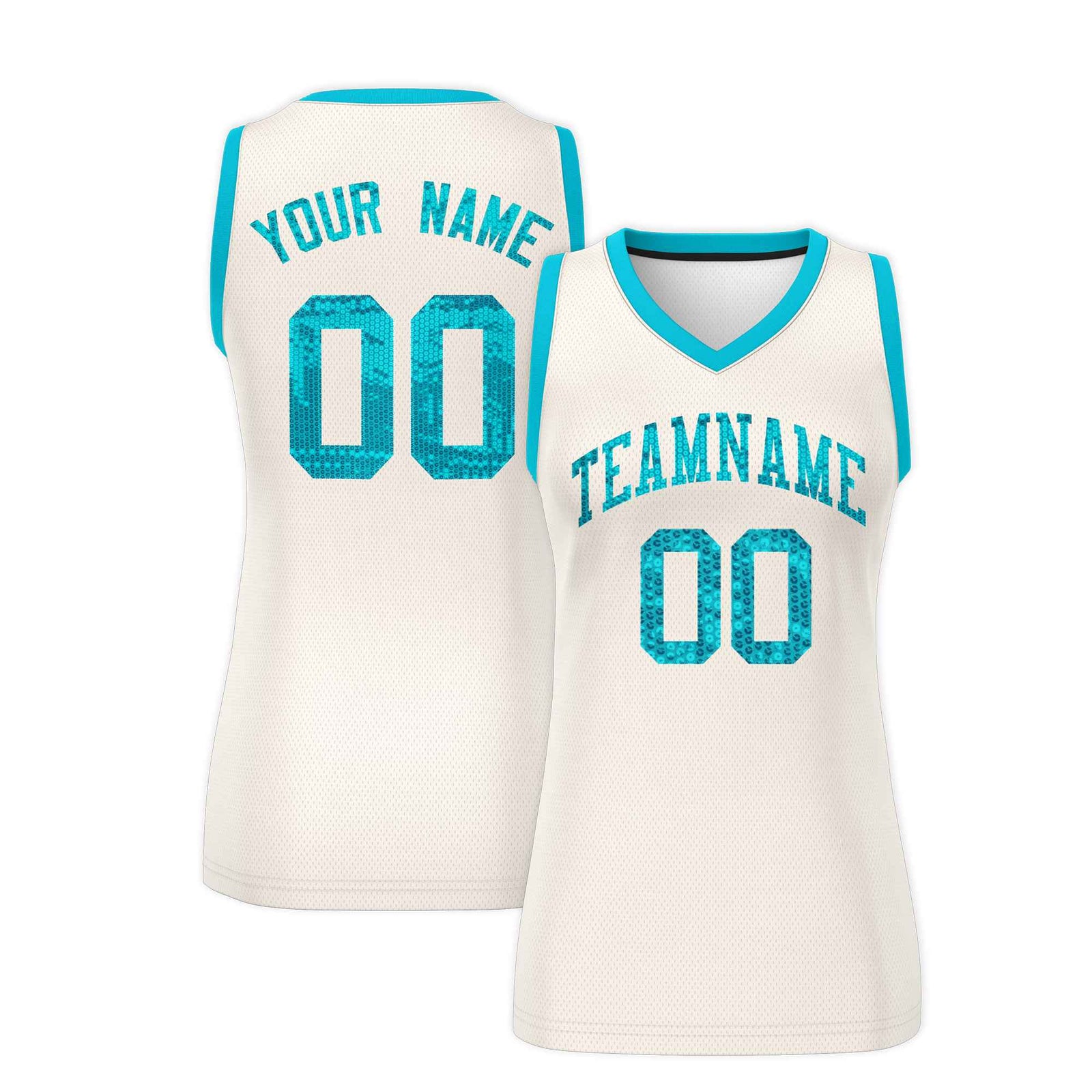 Custom Cream Sky Blue Women Netball Sequined Dress