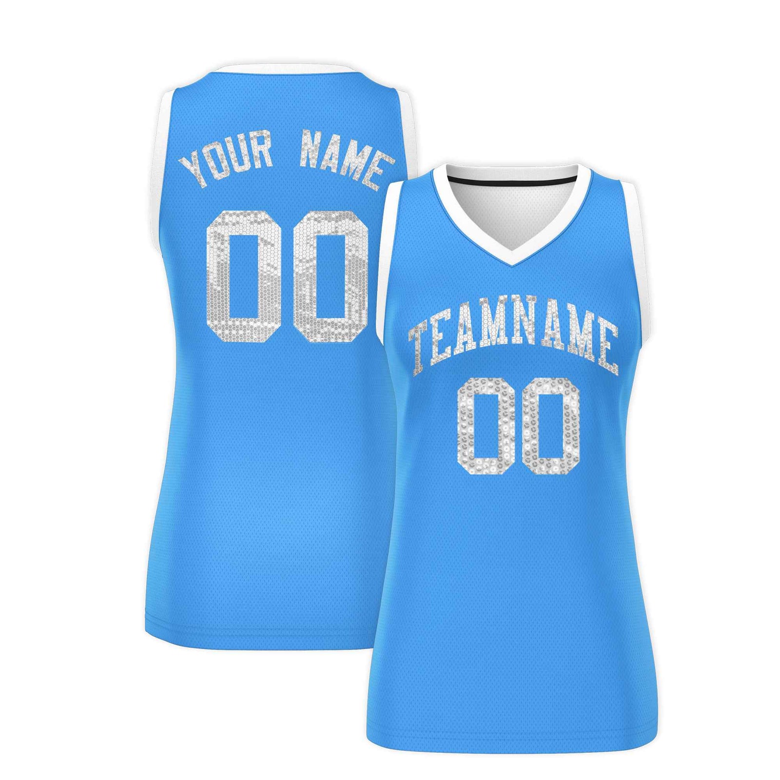 Custom Powder Blue White Women Netball Sequined Dress