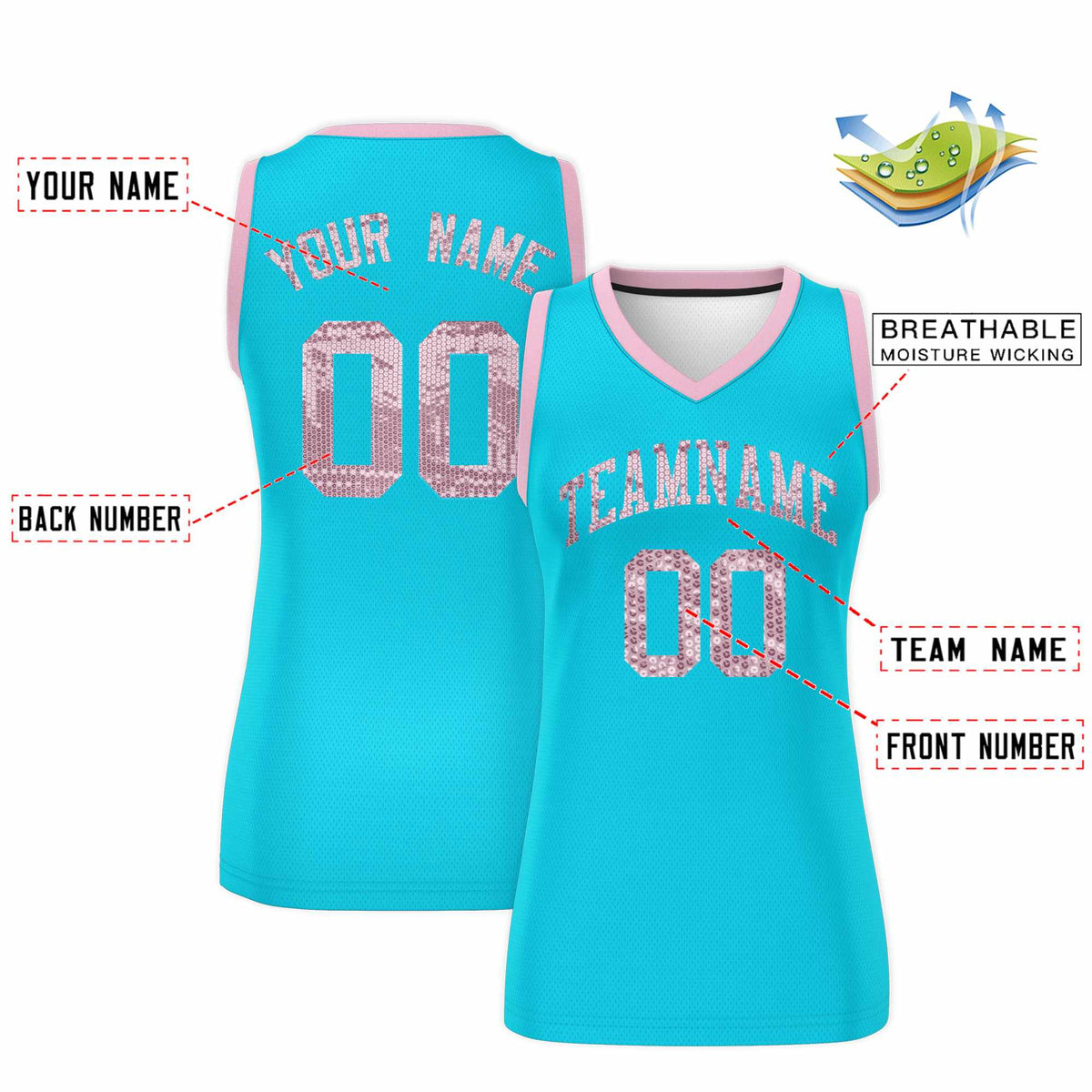 Custom Sky Blue Light Pink Women Netball Sequined Dress