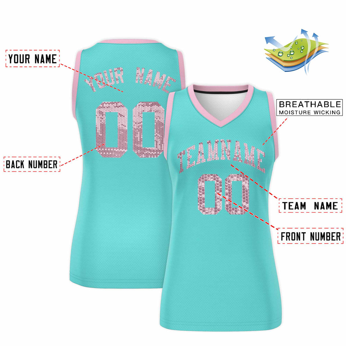 Custom Bright Green Light Pink Women Netball Sequined Dress