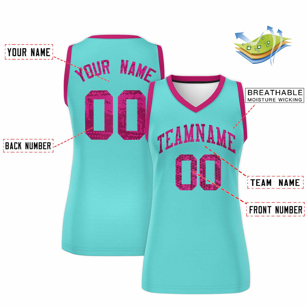 Custom Bright Green Pink Women Netball Sequined Dress