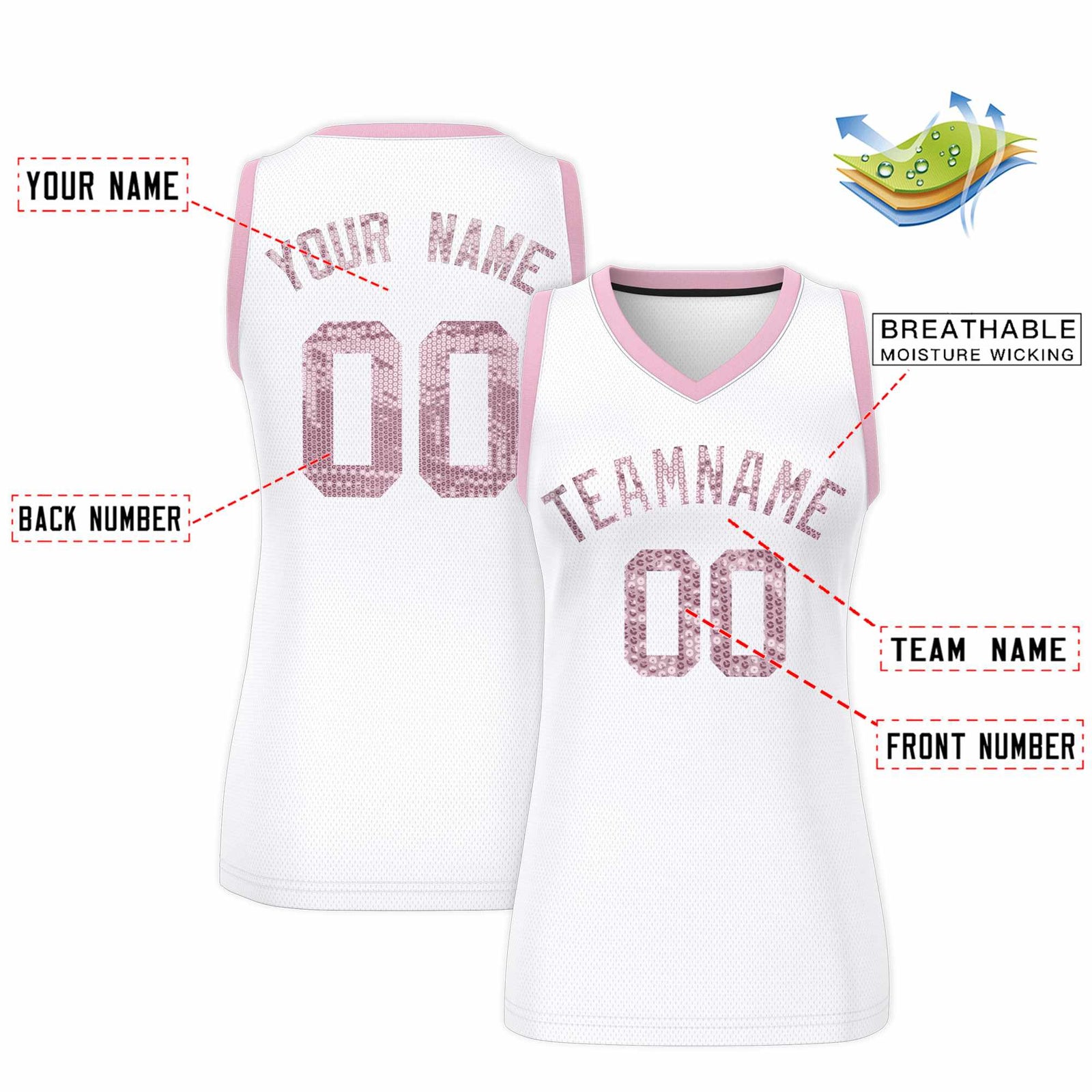 Custom White Light Pink Women Netball Sequined Dress