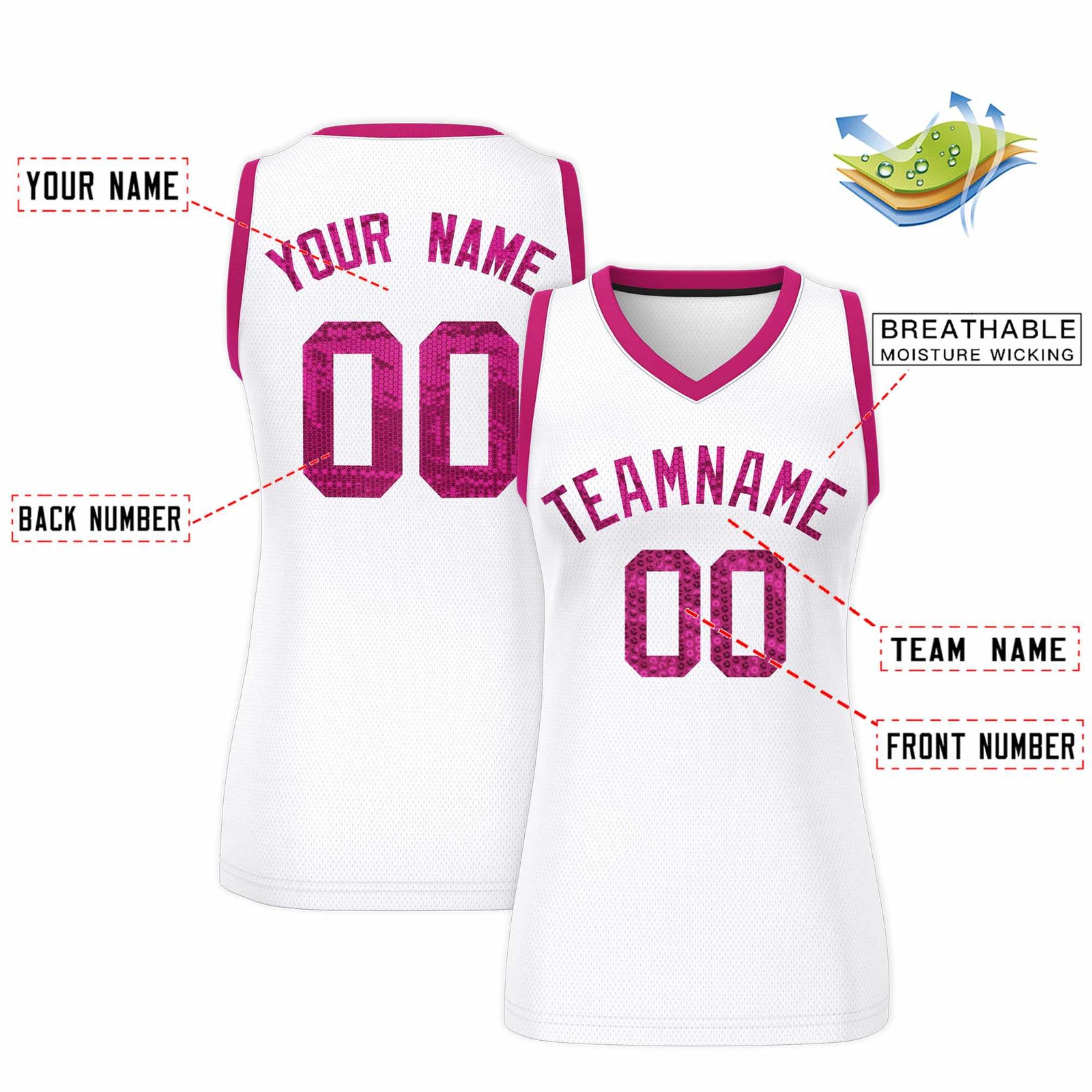 Custom White Pink Women Netball Sequined Dress