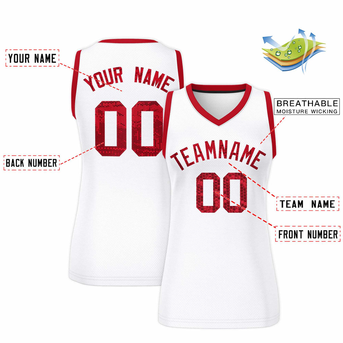 Custom White Red Women Netball Sequined Dress