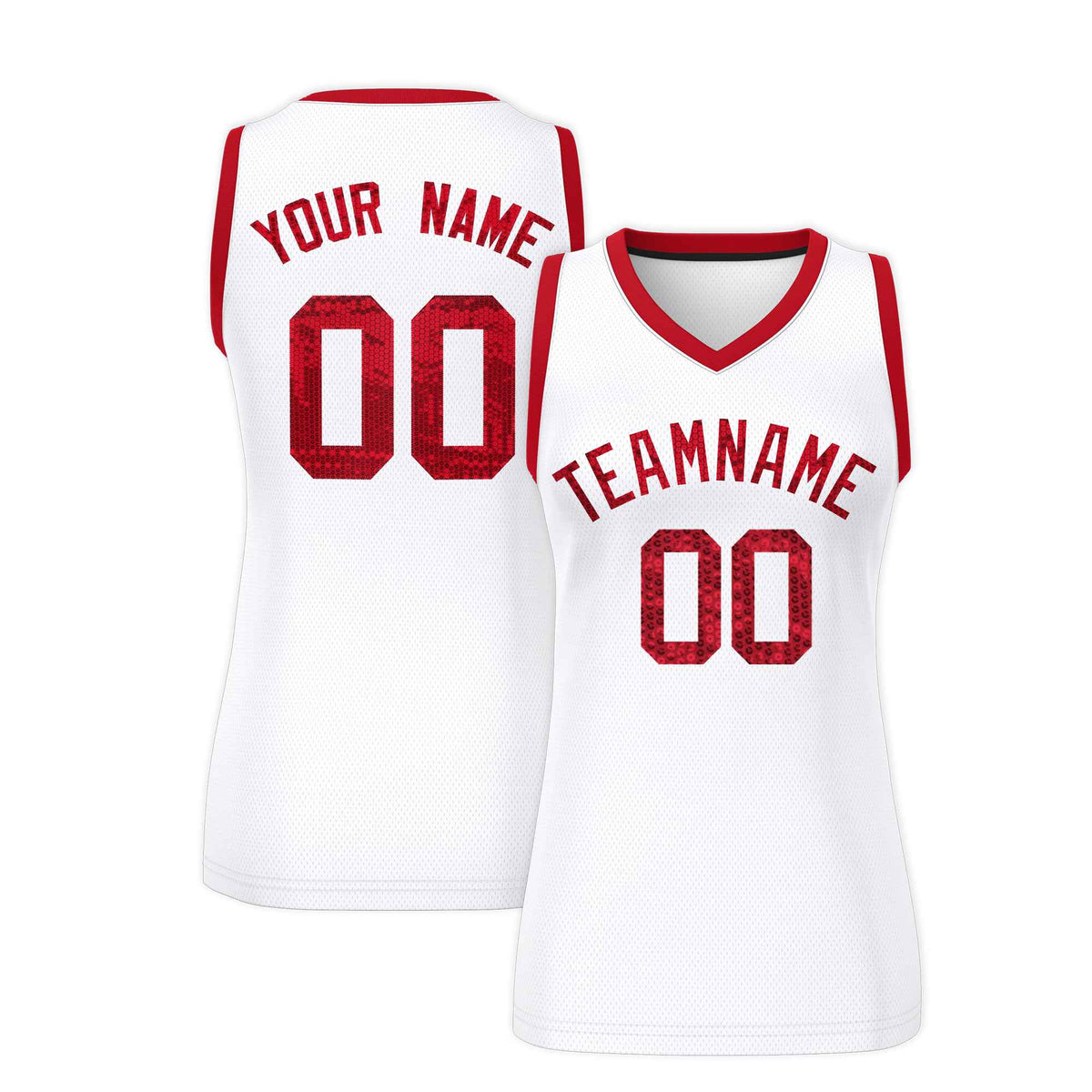 Custom White Red Women Netball Sequined Dress