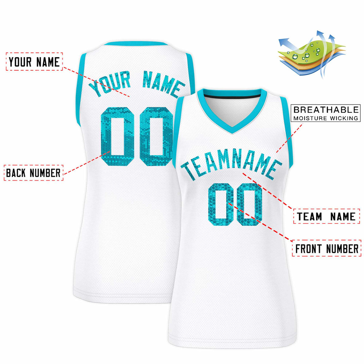 Custom White Sky Blue Women Netball Sequined Dress