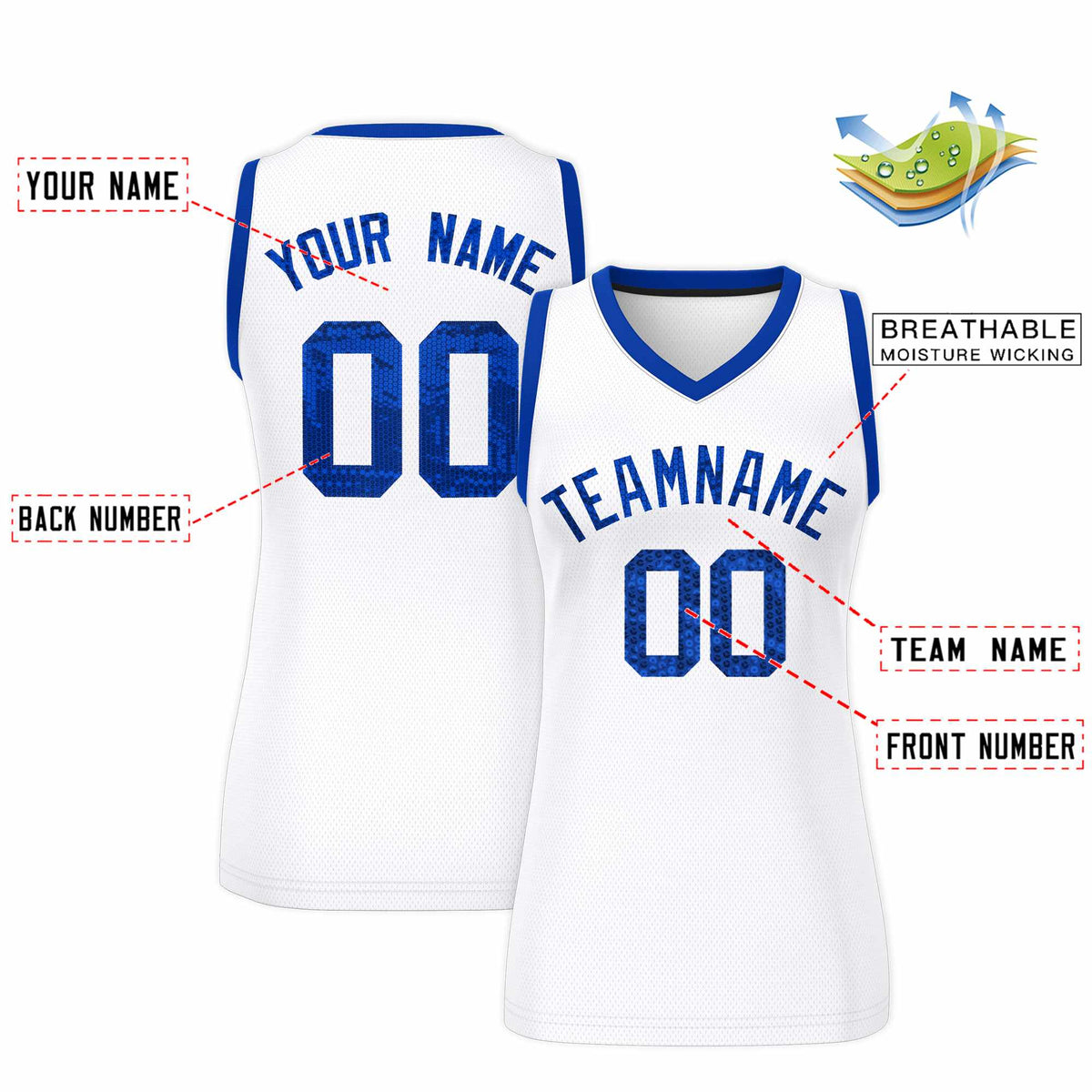 Custom White Royal Women Netball Sequined Dress