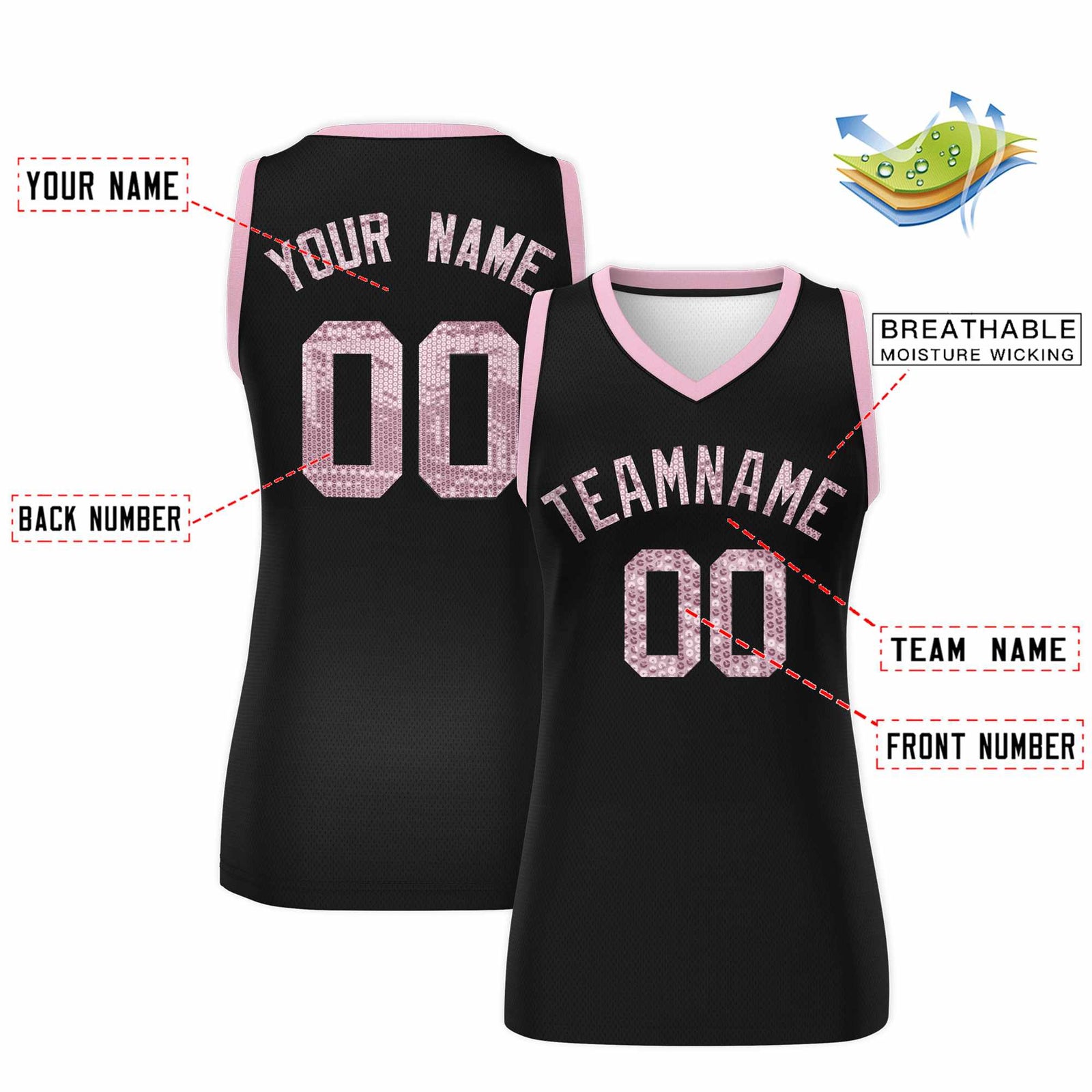 Custom Black Light Pink Women Netball Sequined Dress