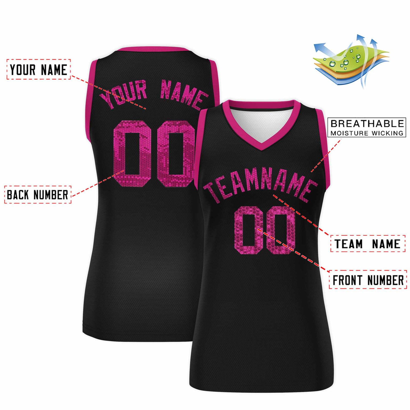 Custom Black Pink Women Netball Sequined Dress