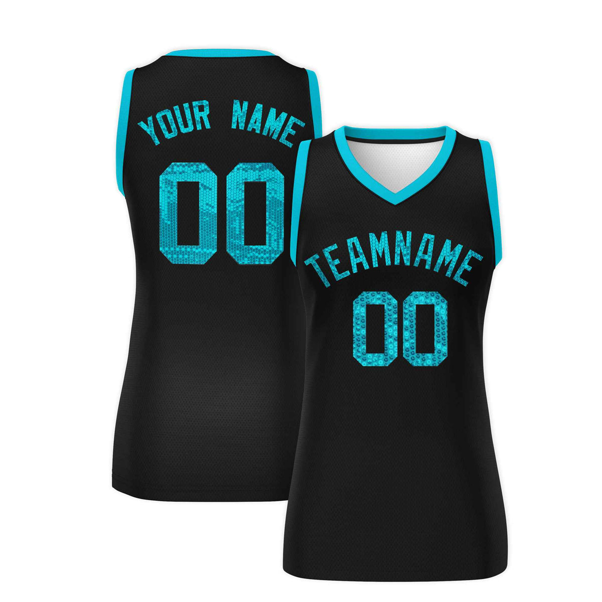 Custom Black Sky Blue Women Netball Sequined Dress