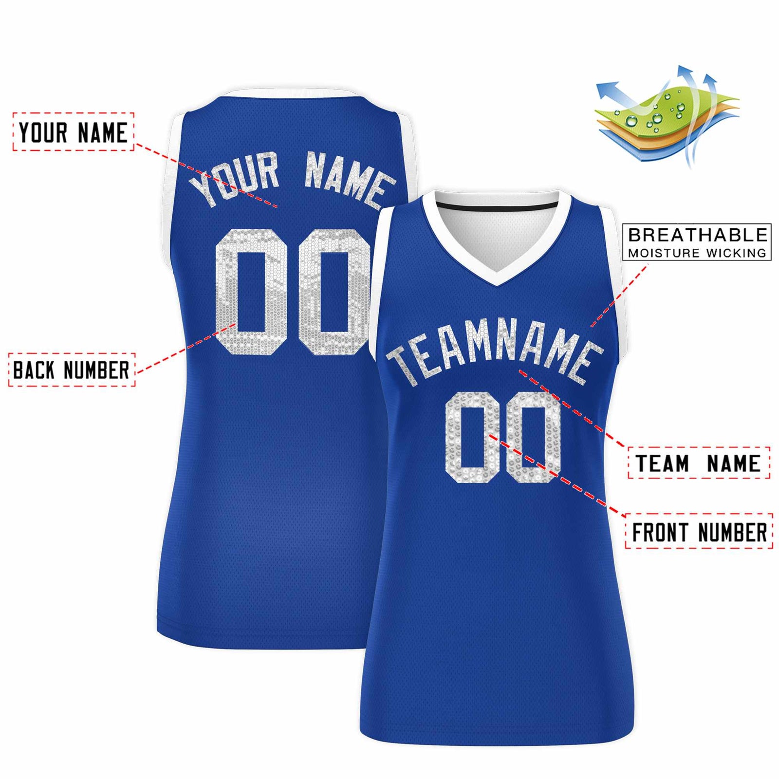 Custom Royal White Women Netball Sequined Dress