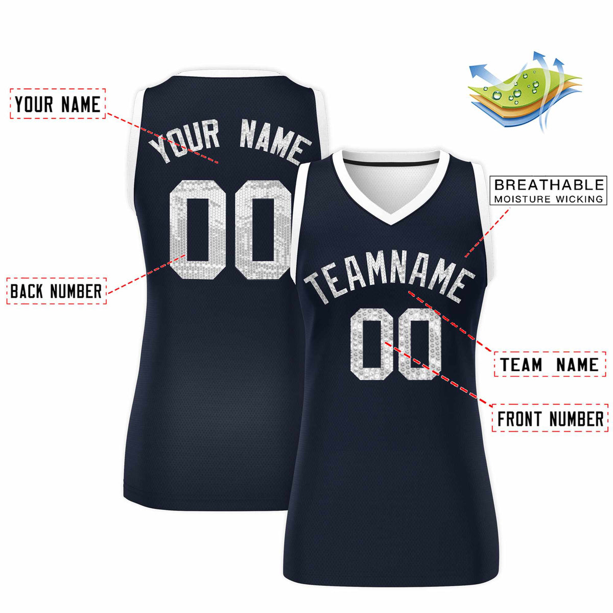 Custom Navy White Women Netball Sequined Dress