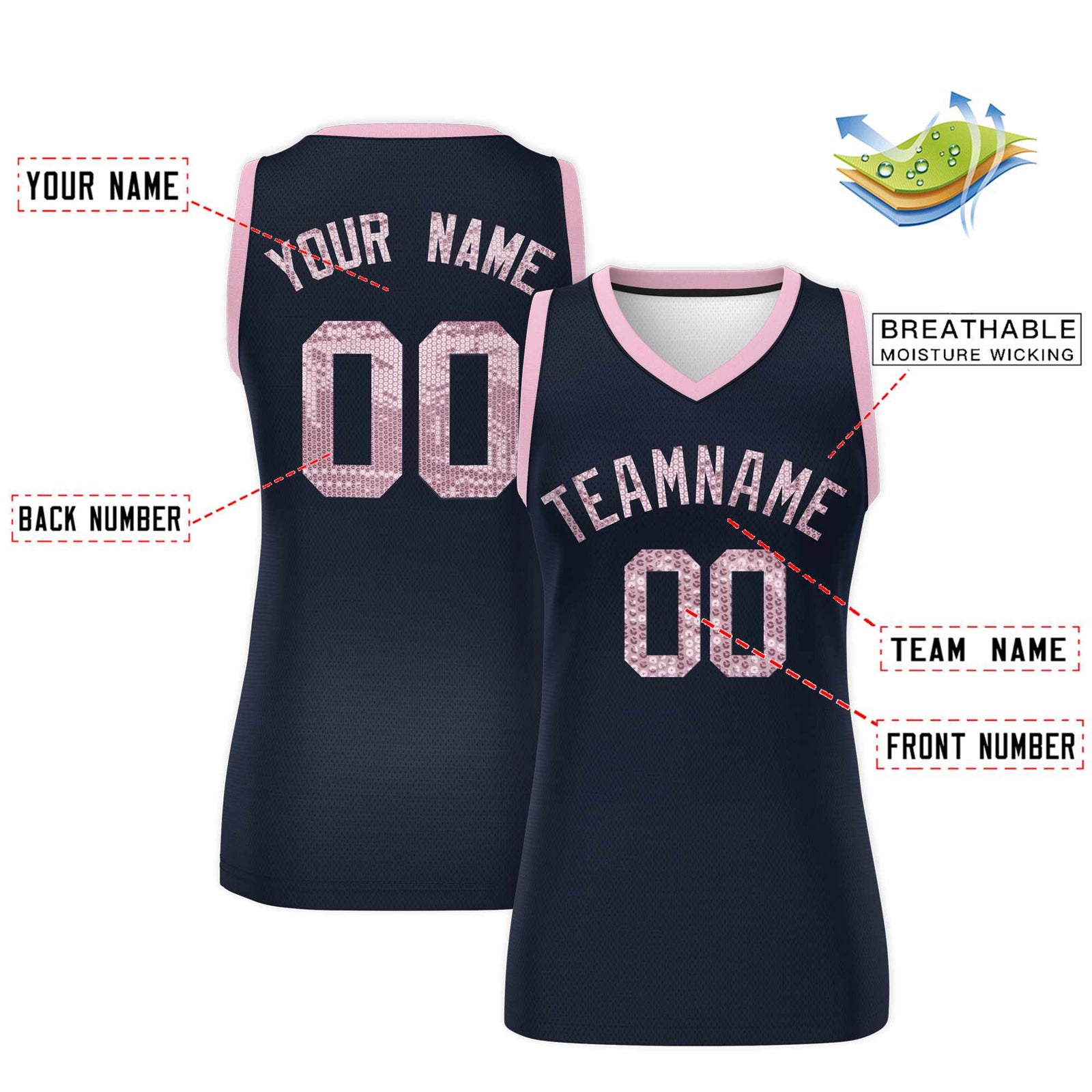 Custom Navy Light Pink Women Netball Sequined Dress