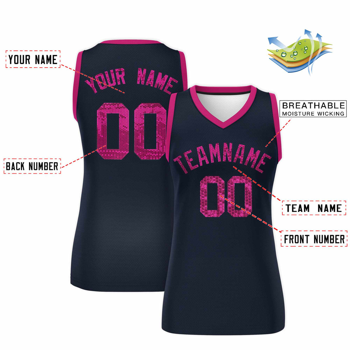 Custom Navy Pink Women Netball Sequined Dress