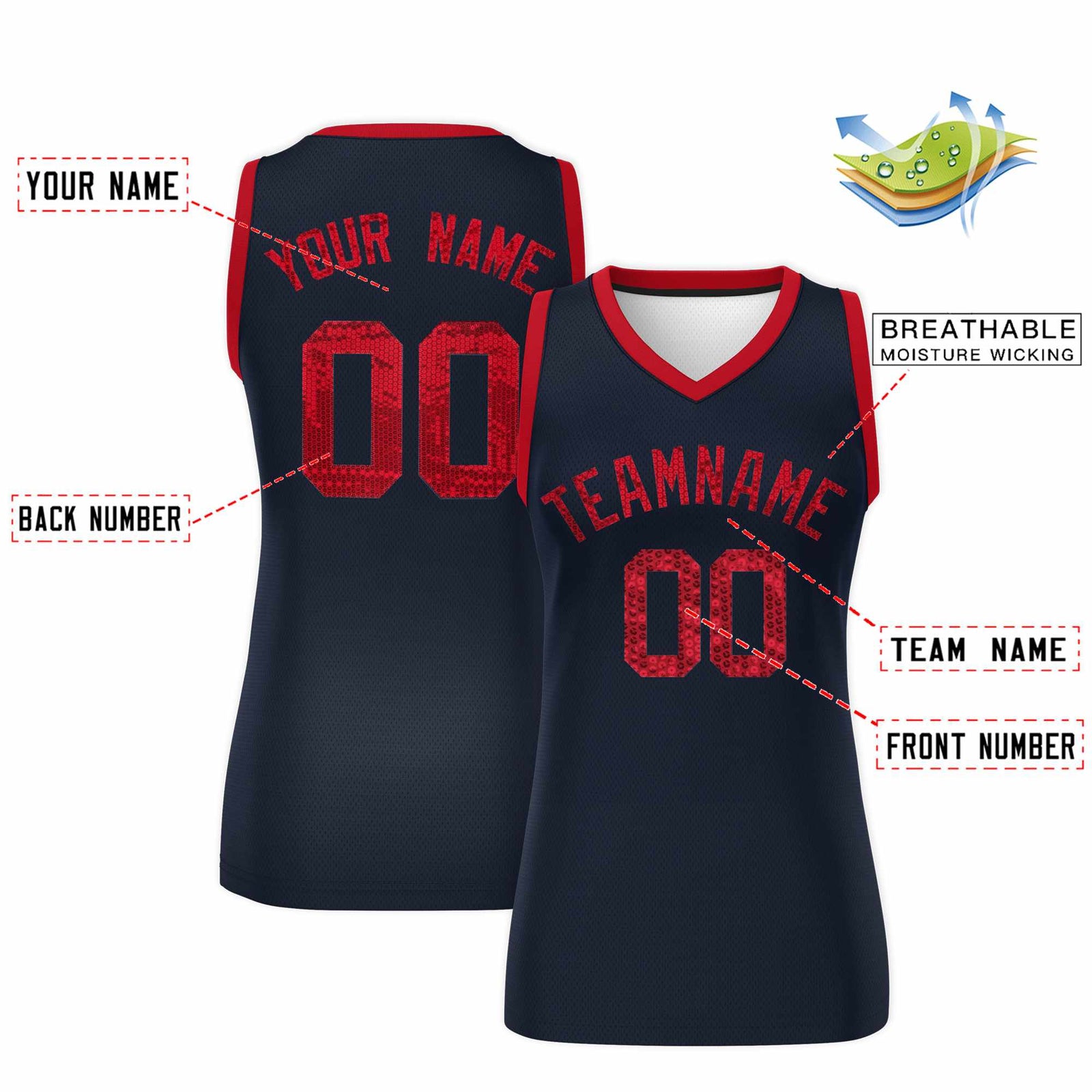 Custom Navy Red Women Netball Sequined Dress