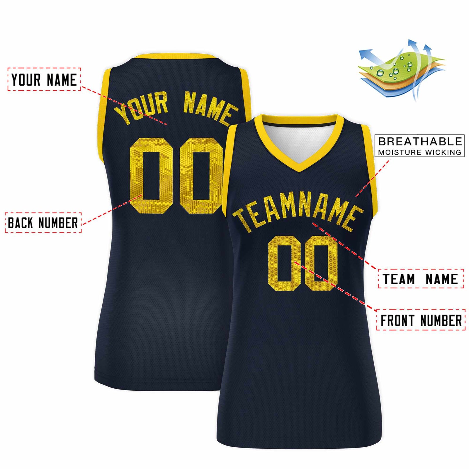 Custom Navy Gold Women Netball Sequined Dress