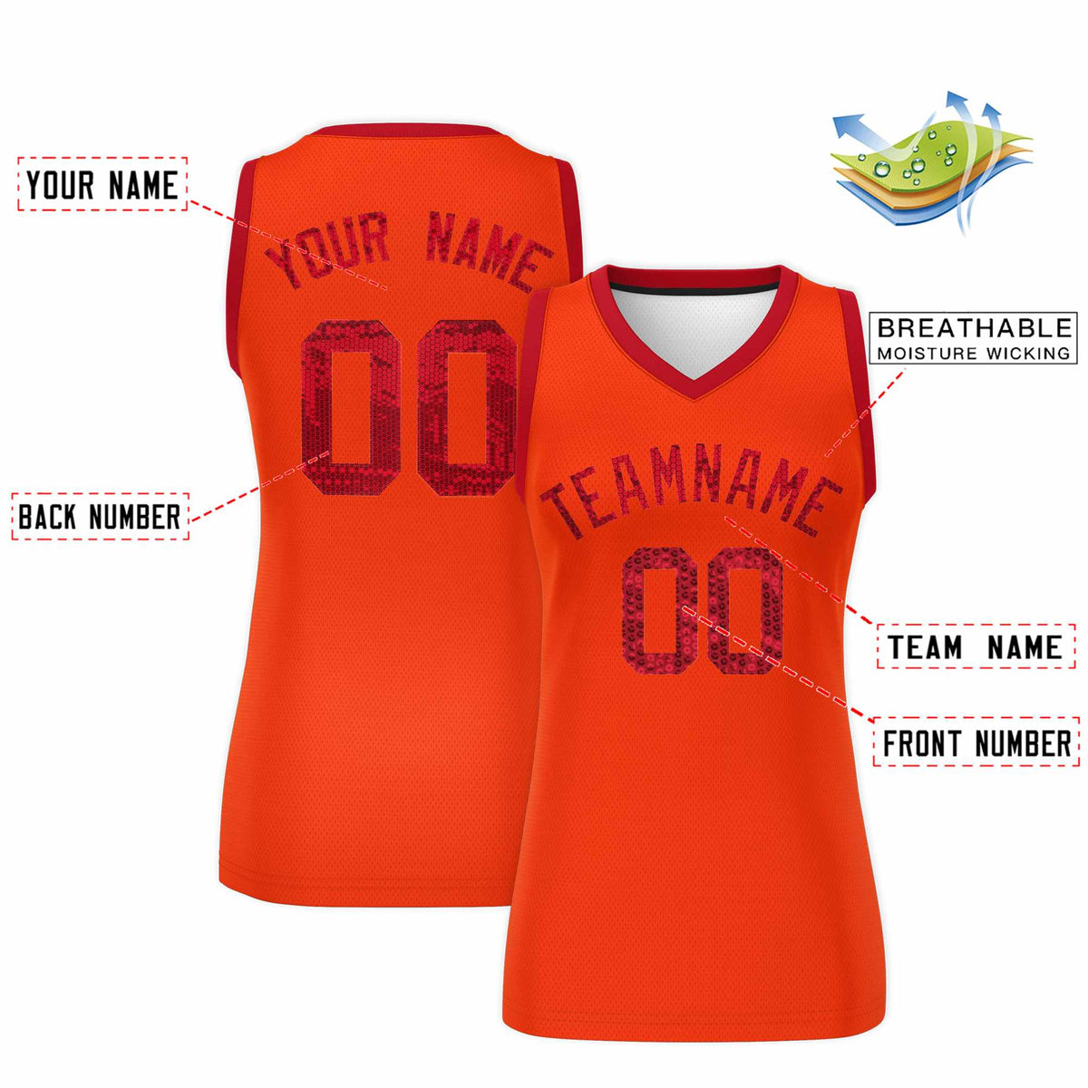 Custom Orange Red Women Netball Sequined Dress