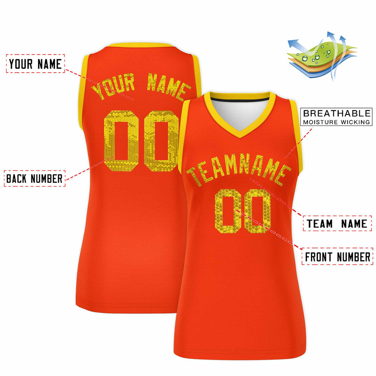 Custom Orange Gold Women Netball Sequined Dress