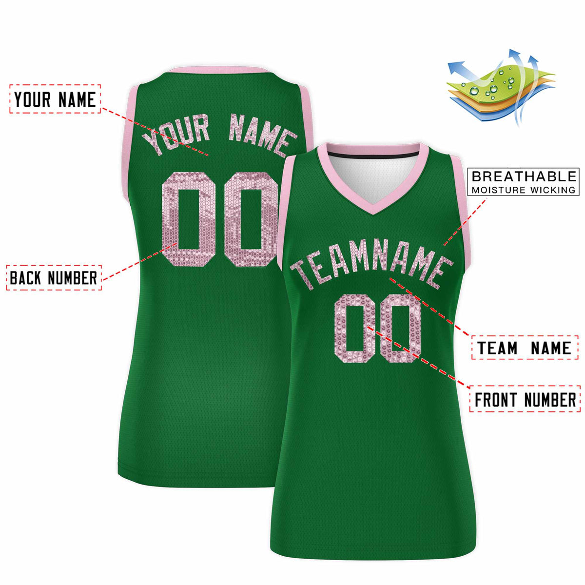 Custom Kelly Green Light Pink Women Netball Sequined Dress