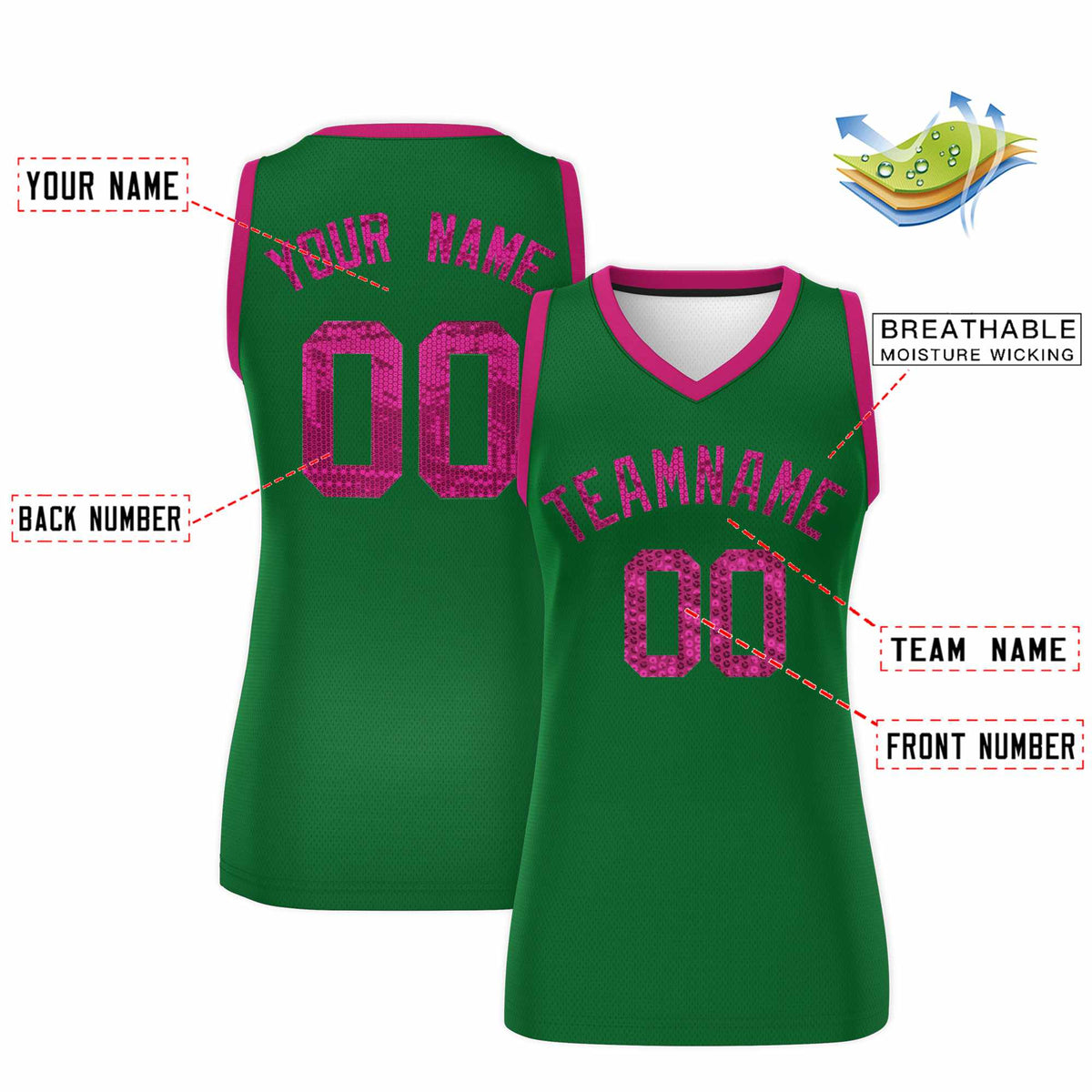 Custom Kelly Green Pink Women Netball Sequined Dress