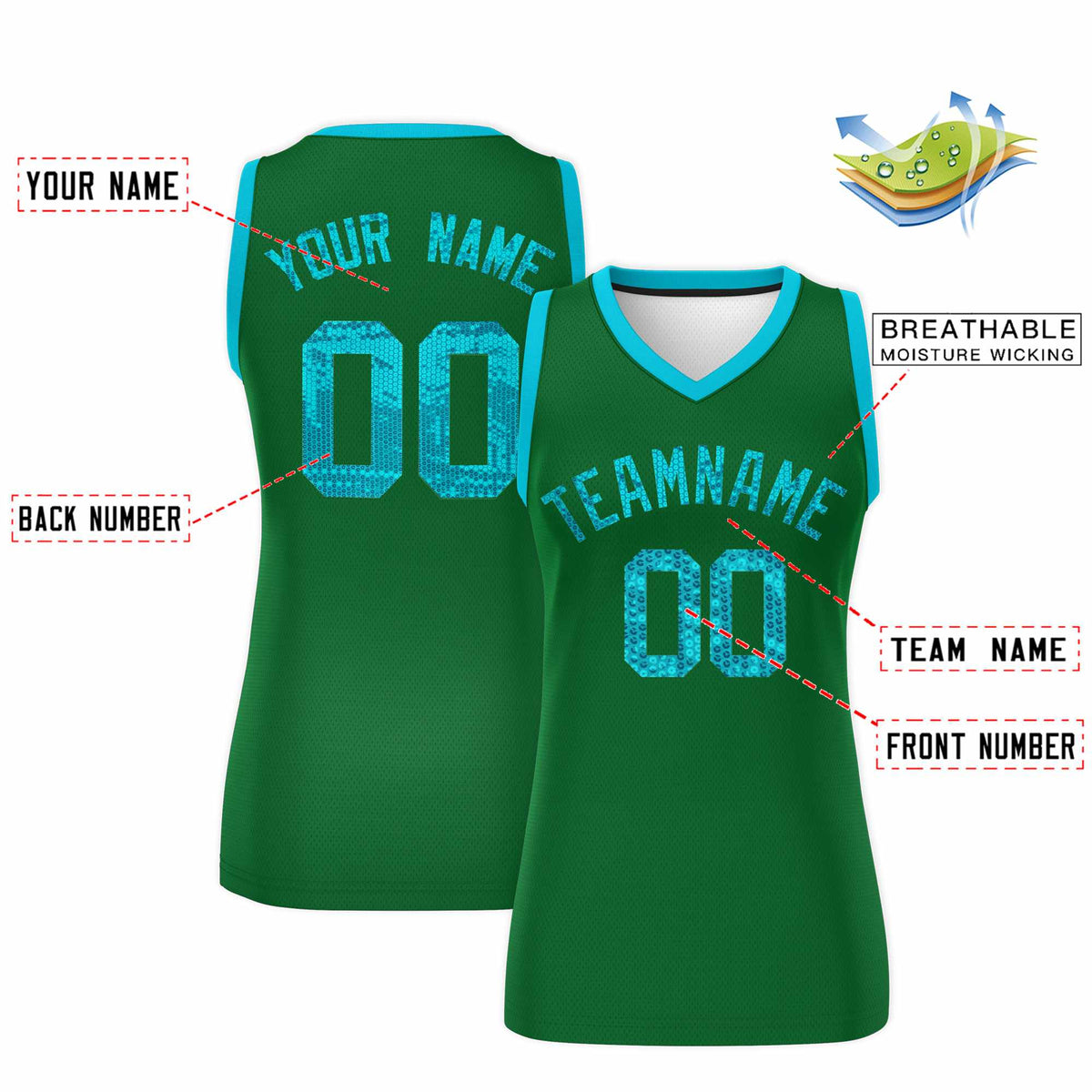 Custom Kelly Green Sky Blue Women Netball Sequined Dress