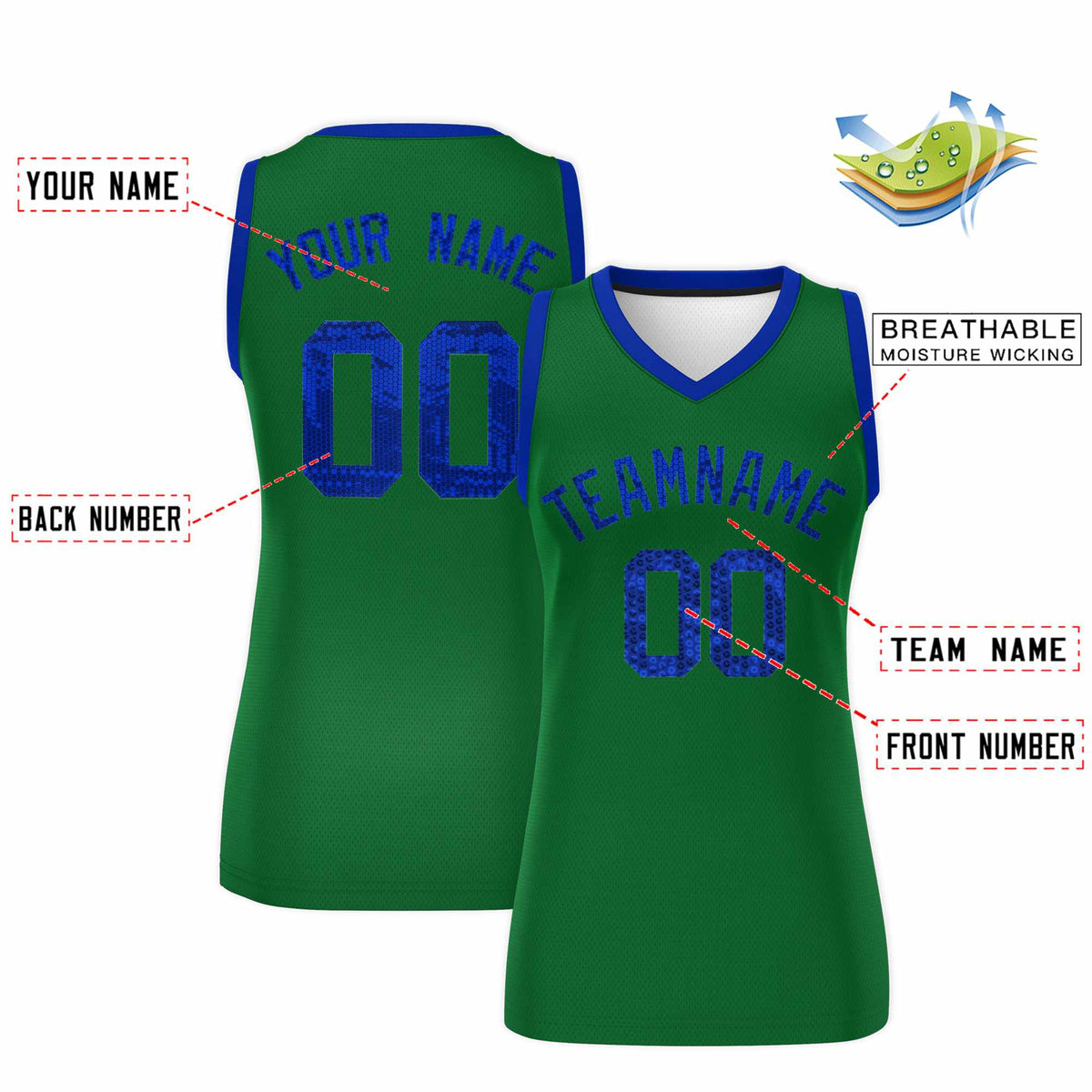 Custom Kelly Green Royal Women Netball Sequined Dress