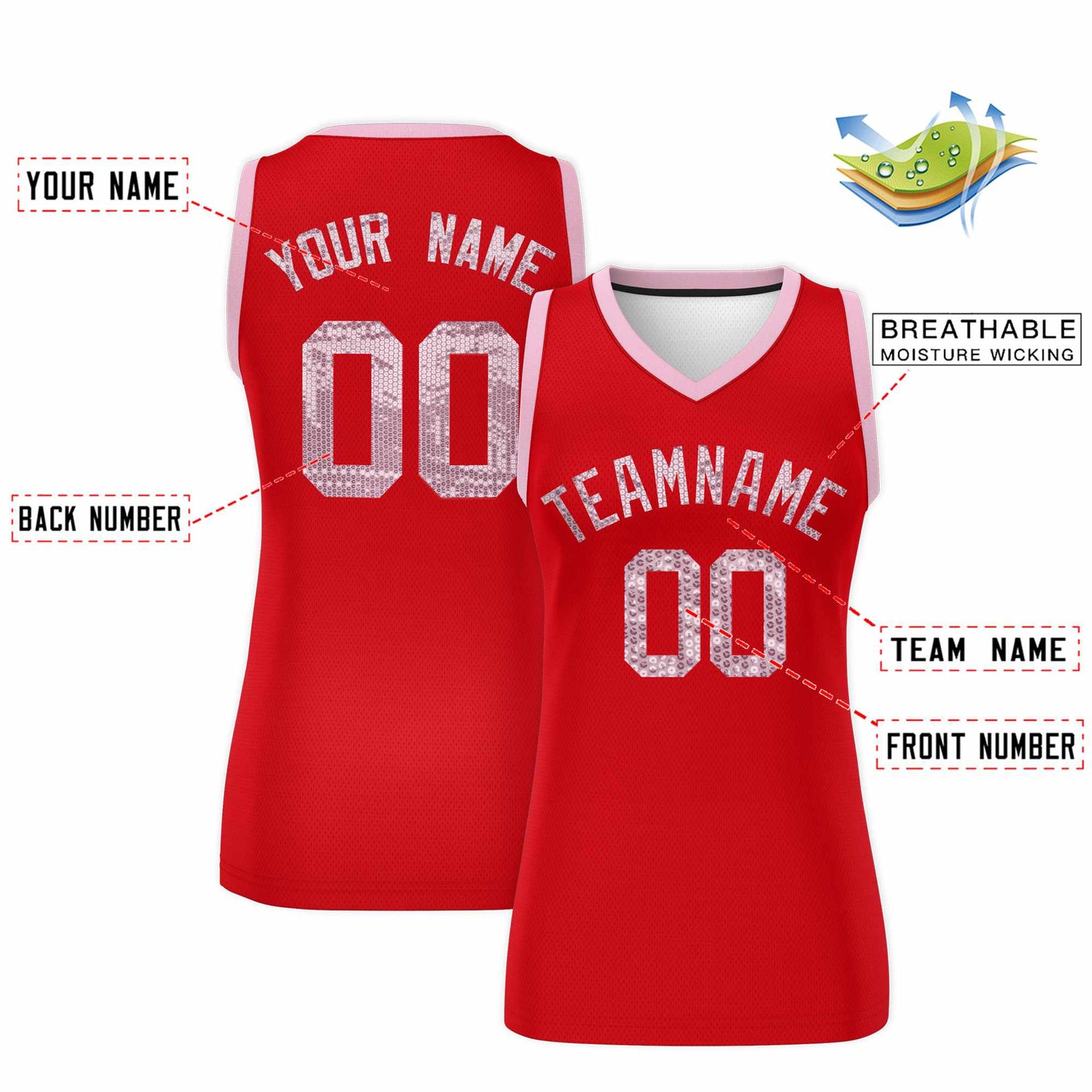 Custom Red Light Pink Women Netball Sequined Dress