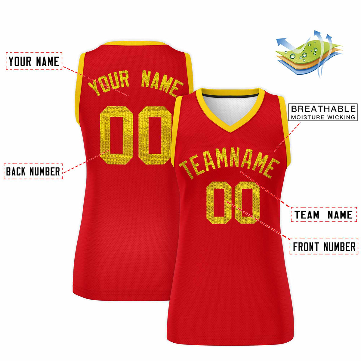 Custom Red Gold Women Netball Sequined Dress