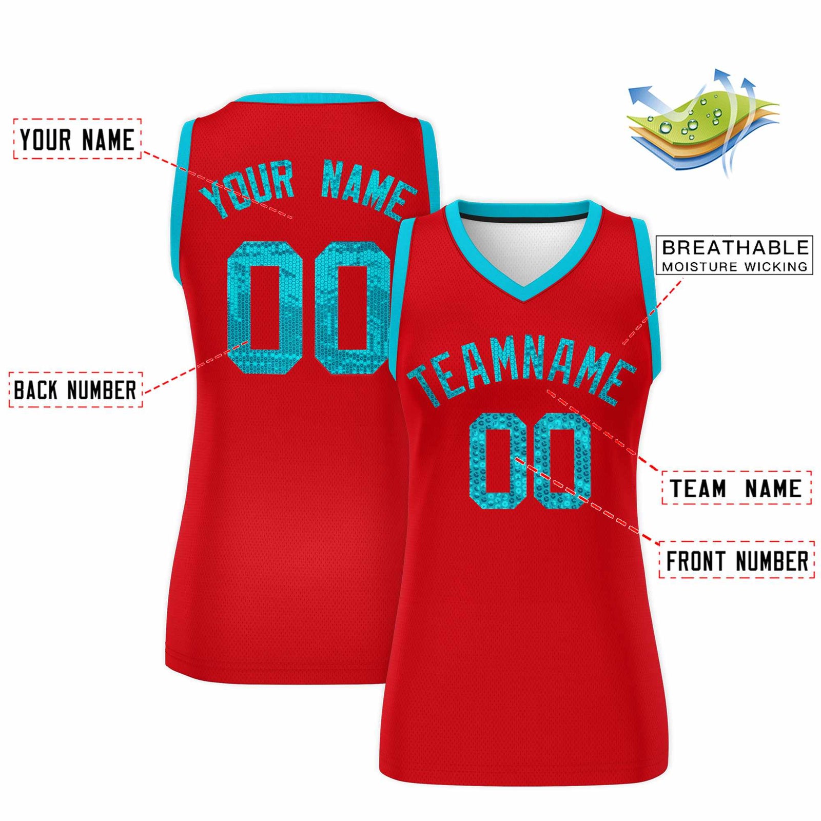 Custom Red Sky Blue Women Netball Sequined Dress