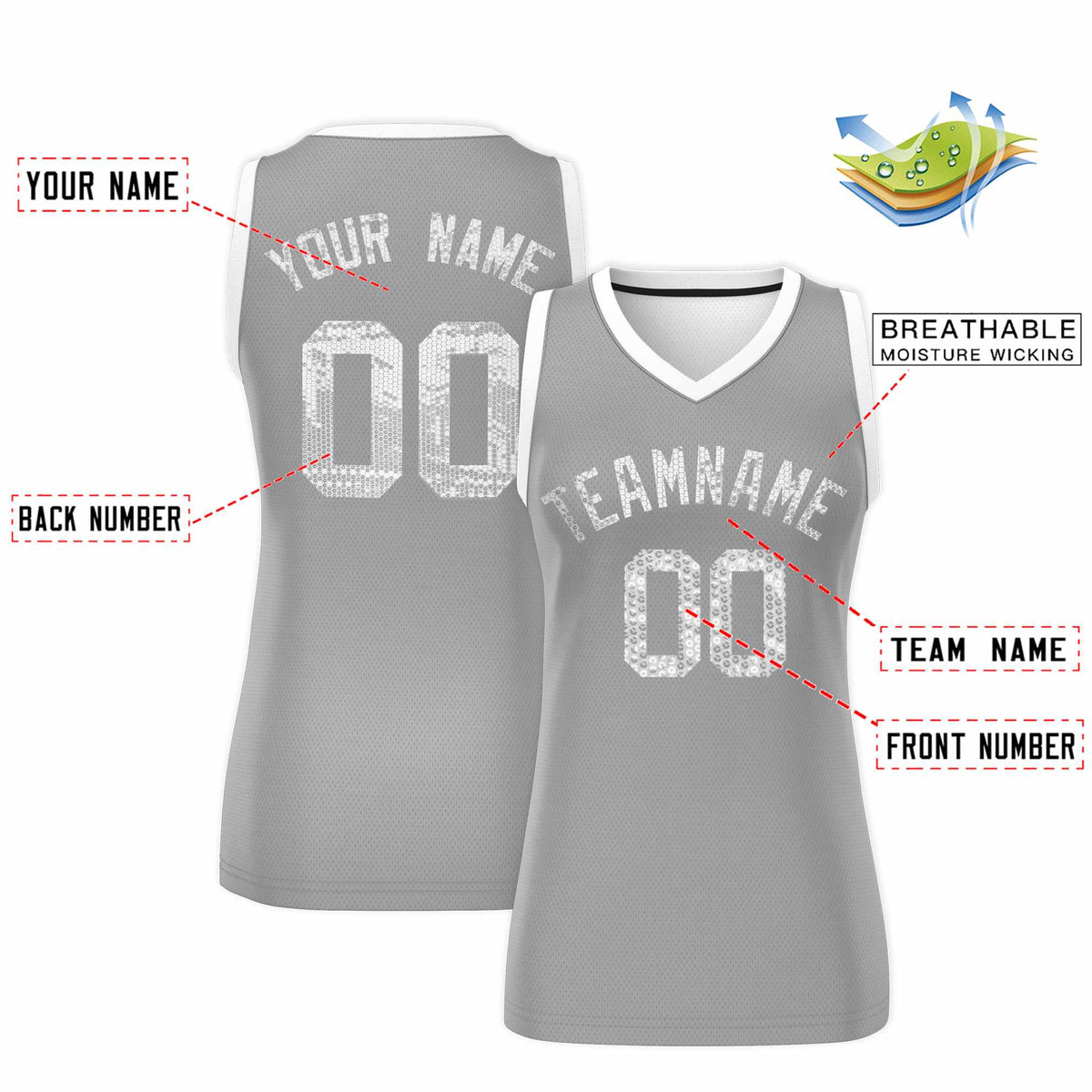 Custom Silver White Women Netball Sequined Dress
