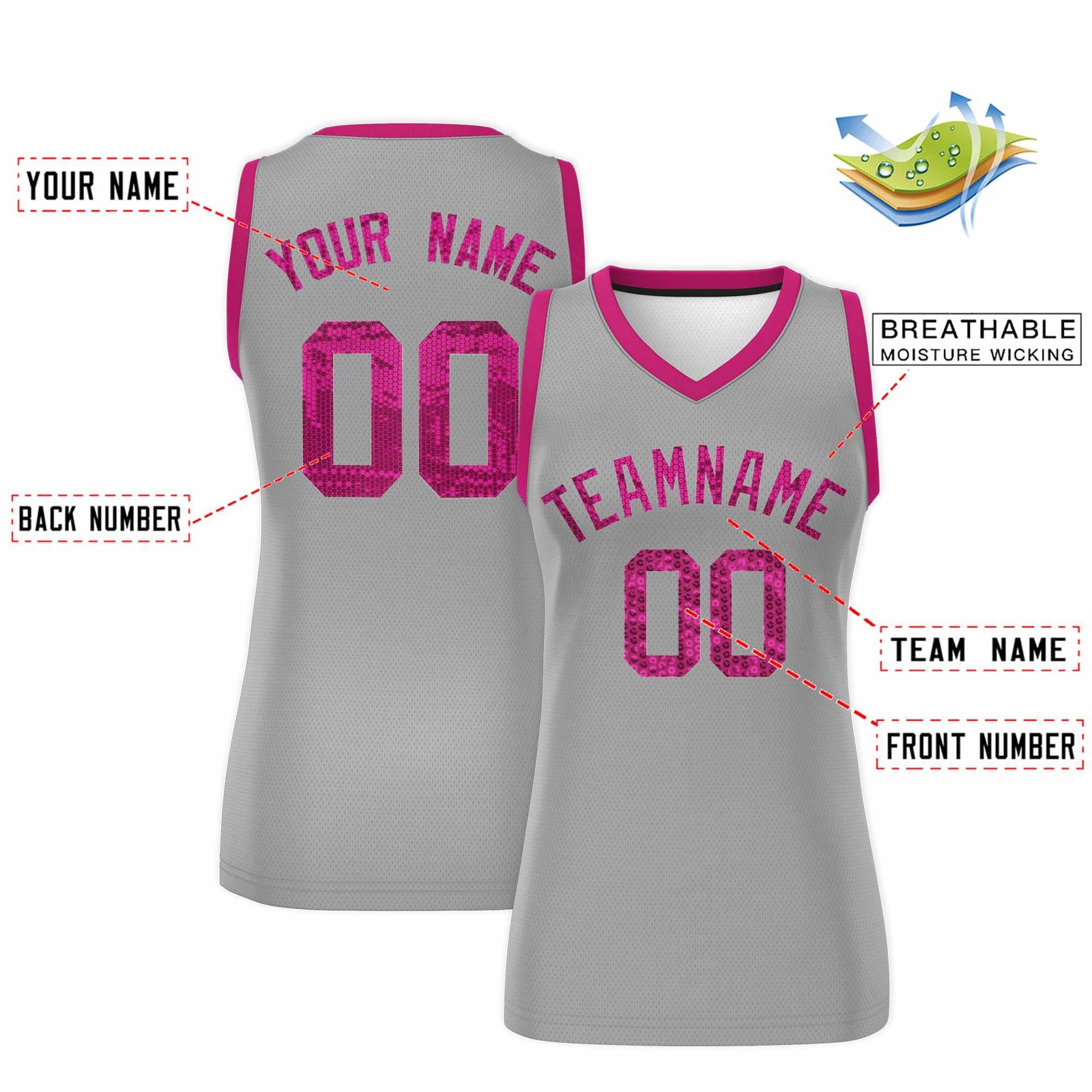 Custom Silver Pink Women Netball Sequined Dress
