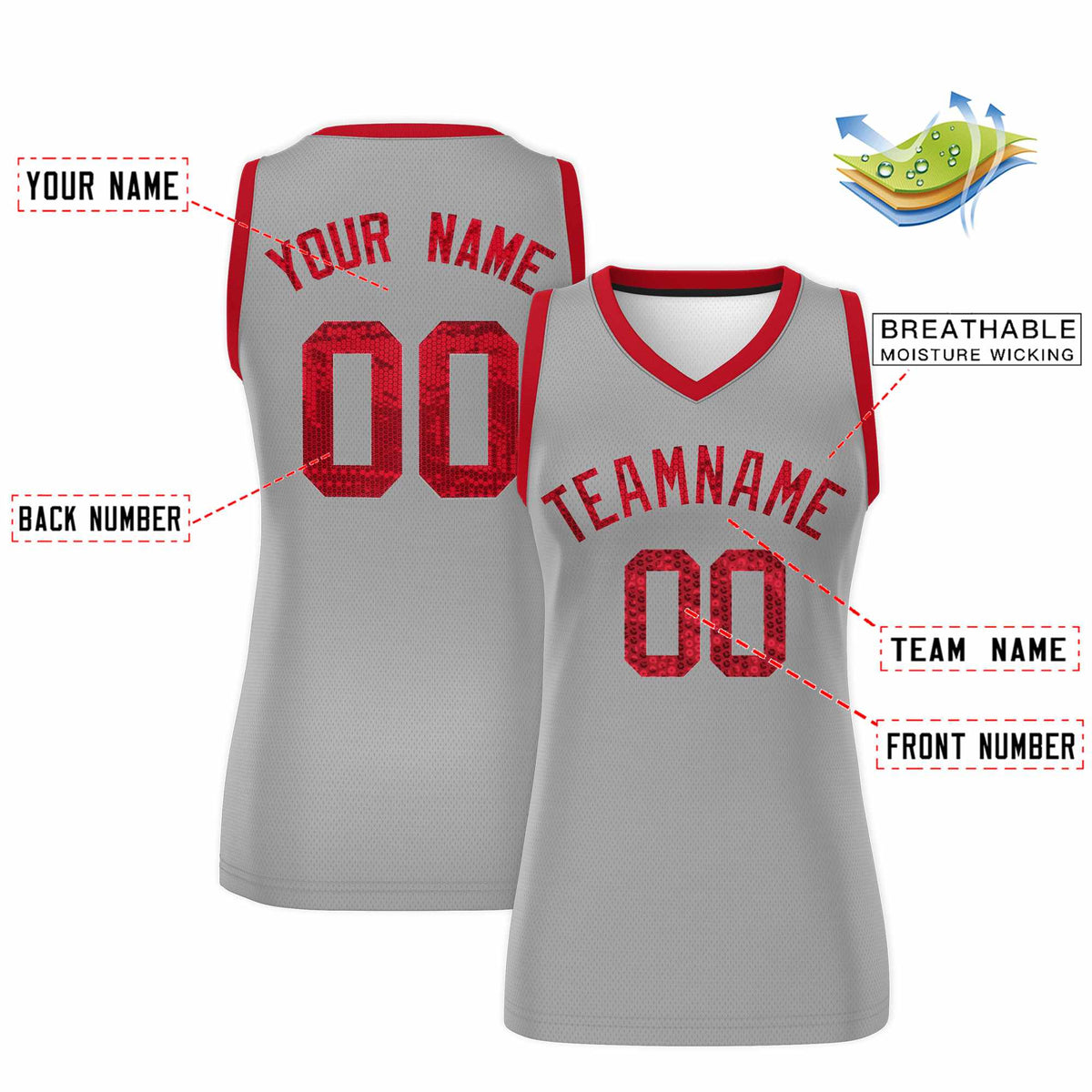 Custom Silver Red Women Netball Sequined Dress