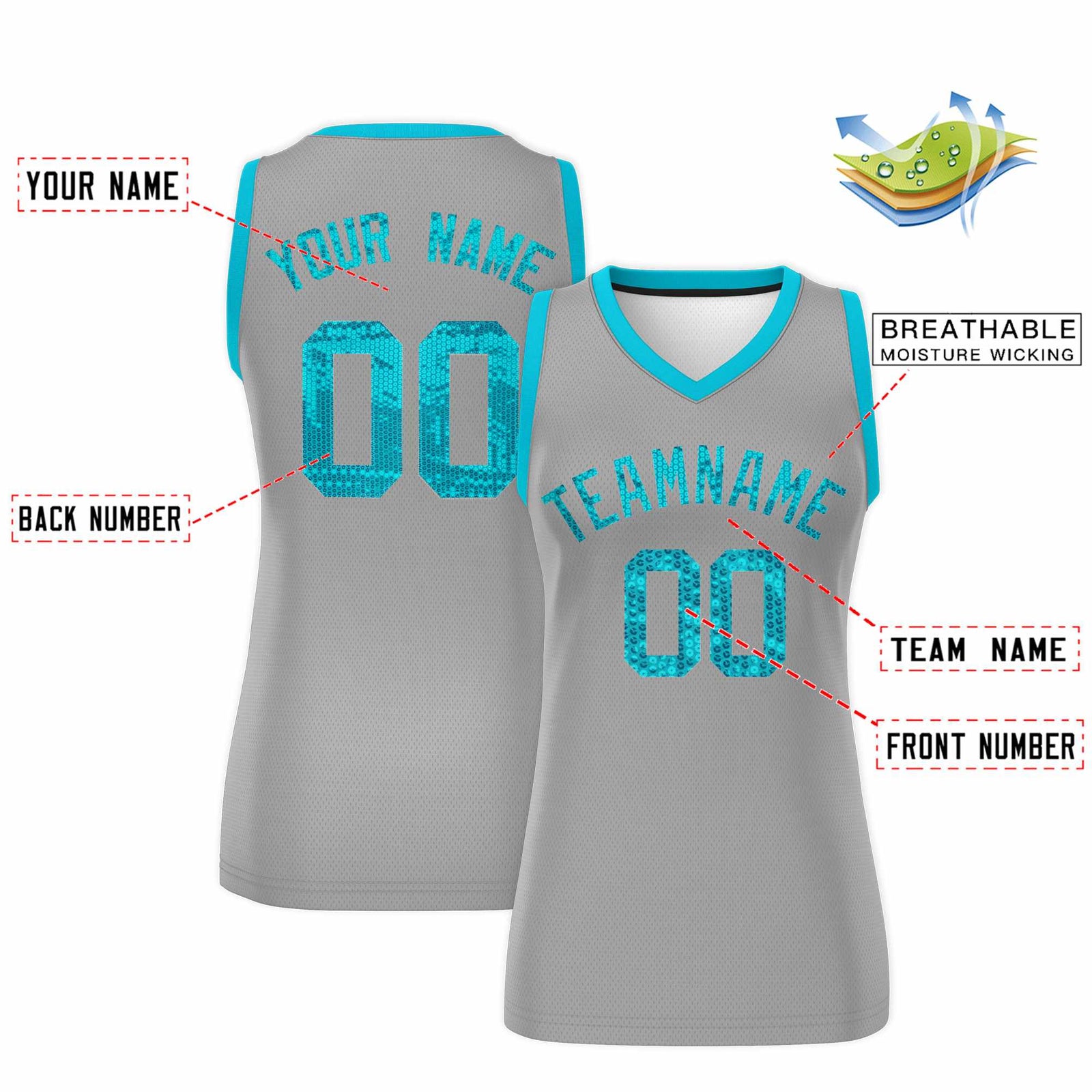 Custom Silver Sky Blue Women Netball Sequined Dress