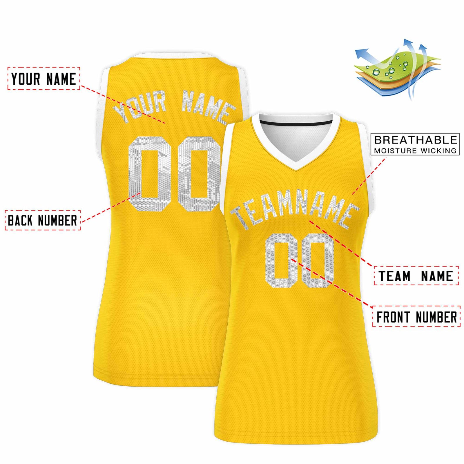 Custom Gold White Women Netball Sequined Dress