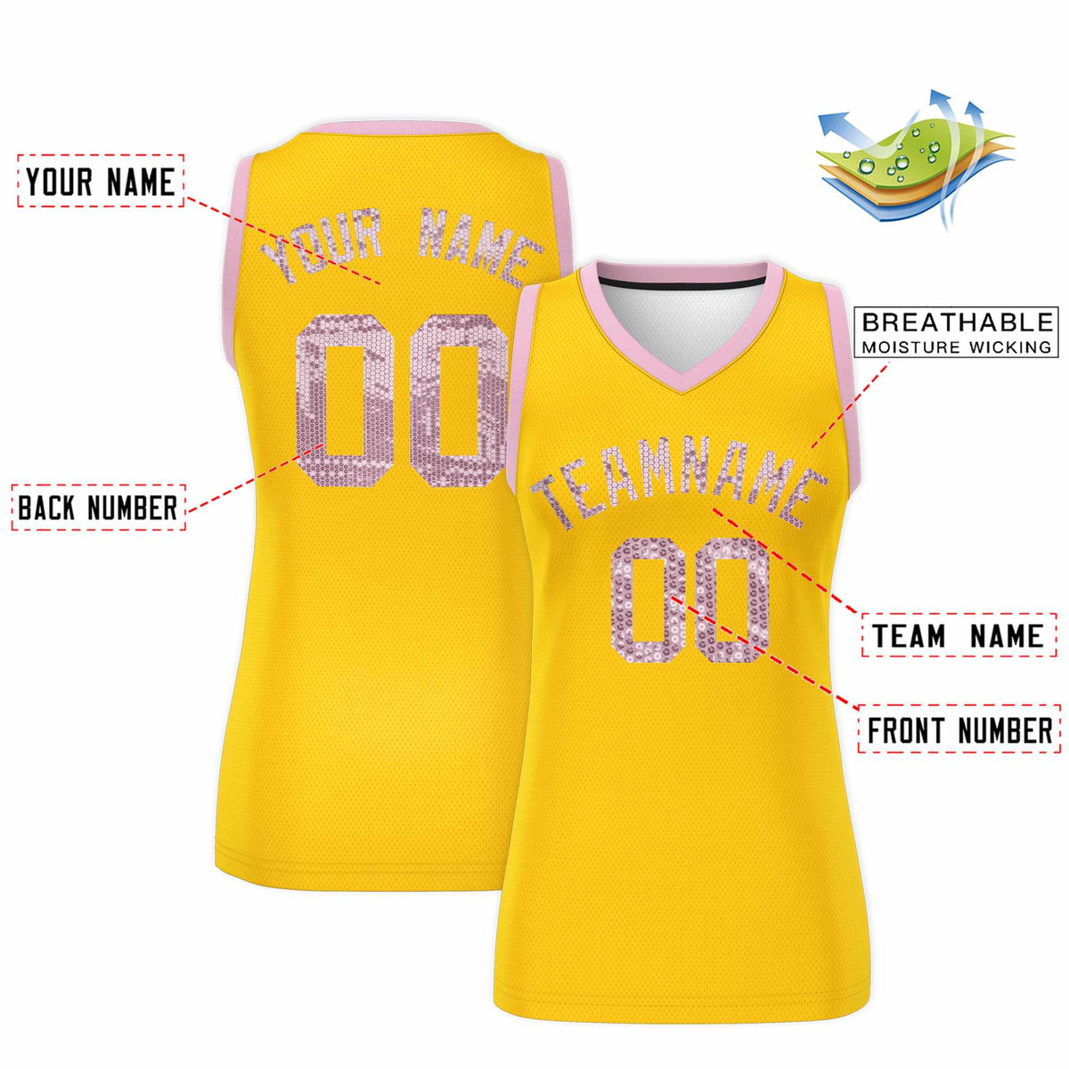 Custom Gold Light Pink Women Netball Sequined Dress